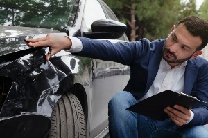 accident reconstruction expert examining damaged vehicle