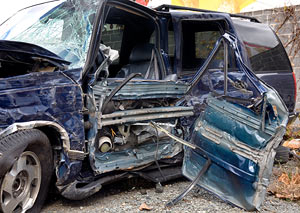 blue SUV after a rollover