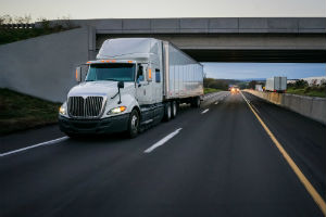 semi truck under bridge